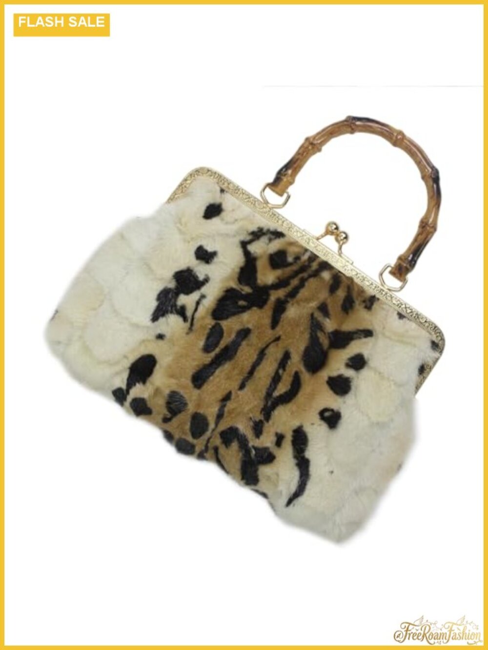 Genuine Mink Fur Animal Print Clutch Handbag with Kisslock Frame and Faux Wood
